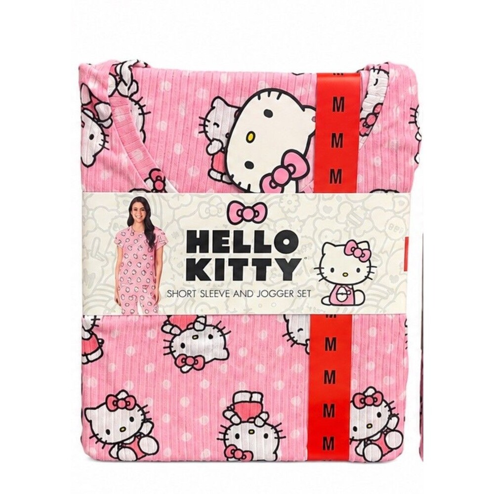NWT Hello Kitty Womens Pajama Set Pink Short Sleeve Jogger Medium Cute Soft New